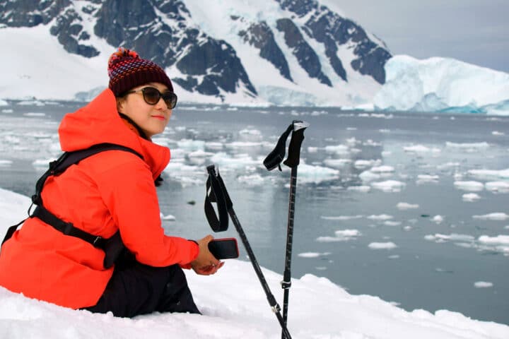 A hiker in Antartica resting.