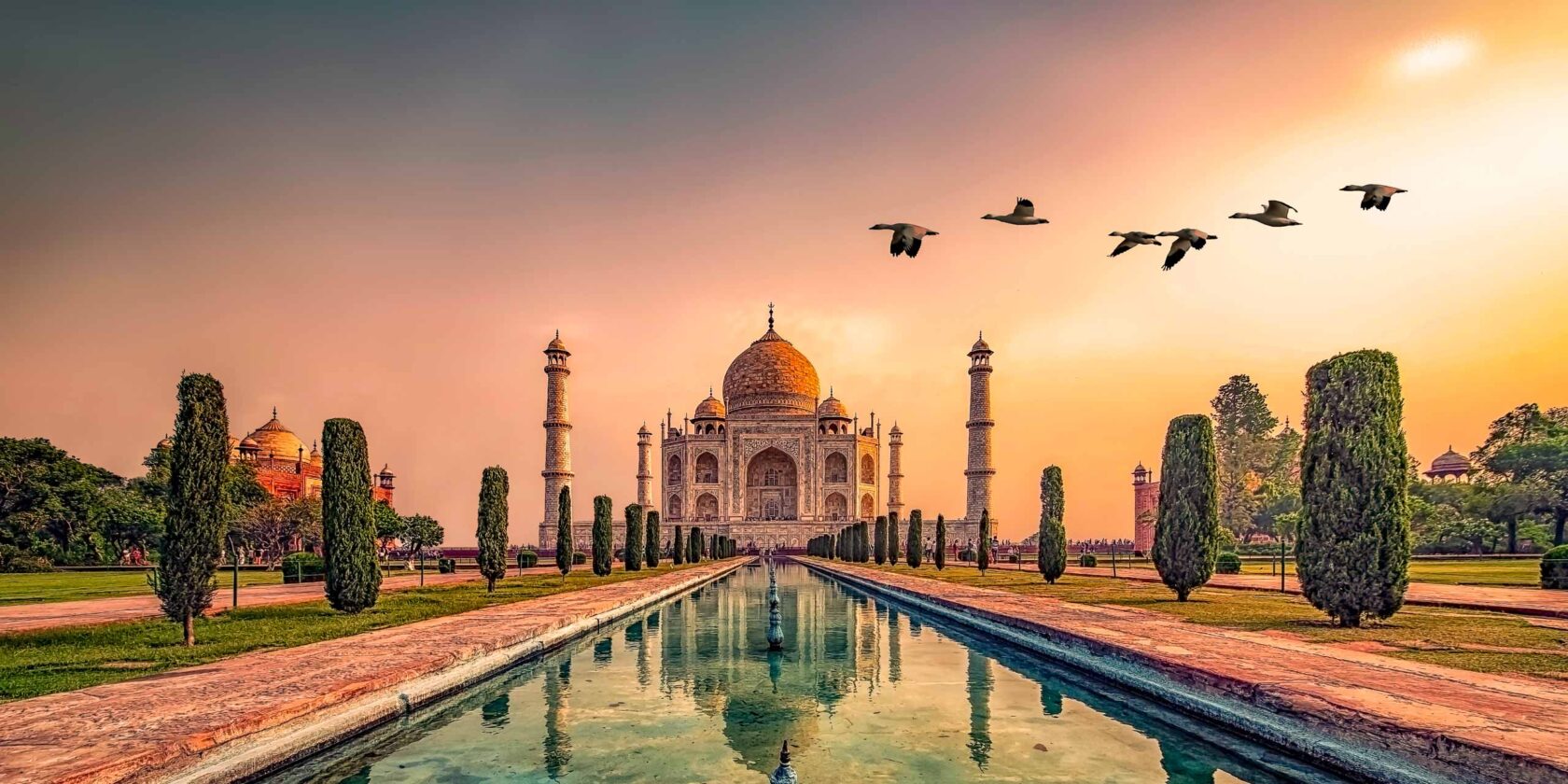 The Taj Mahal at sunrise.