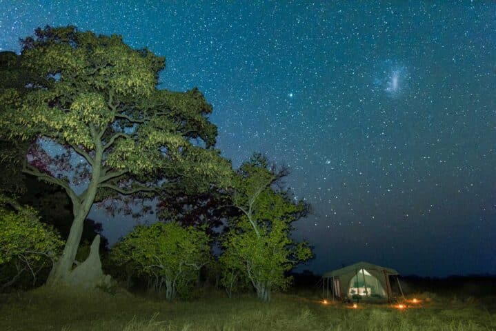 A campsite at night in Botswana.