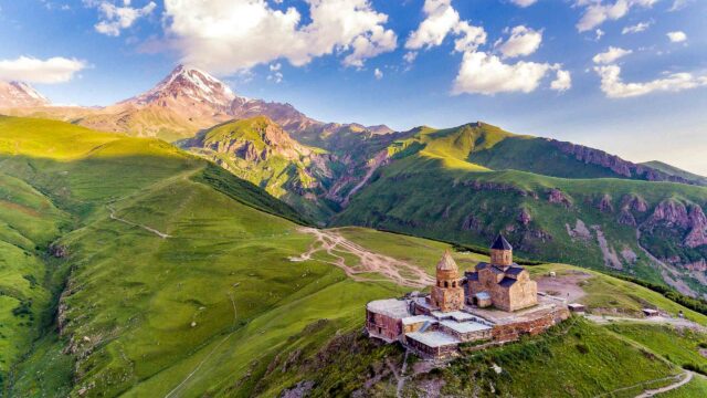 An aerial view of Gergeti Trinity Church in Georgia.