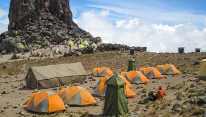 A campsite with tents.