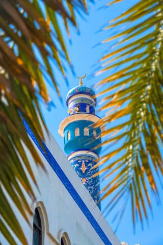 Oman - Muskat, Masjid Al Rasool Al A`dham Mosque with palm leafs