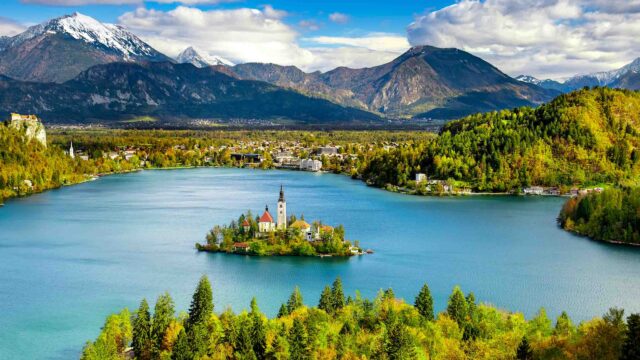 An aerial view of a lake in Slovenia.