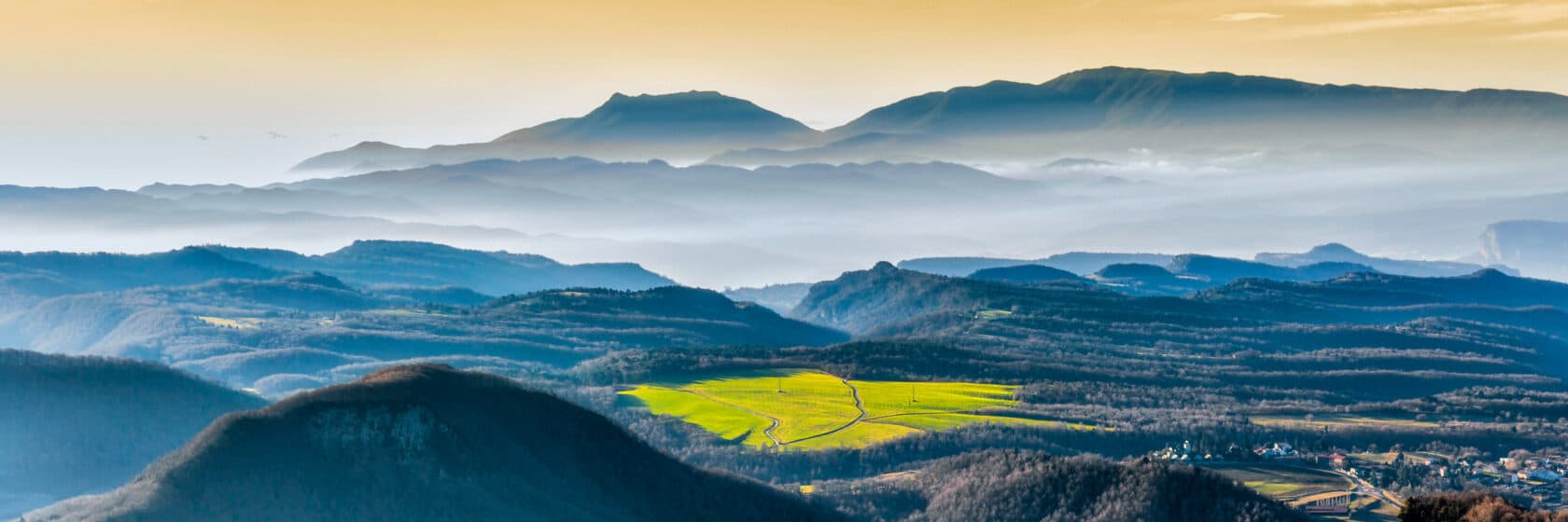 Winter misty landscape panorama early in the morning in Spain.