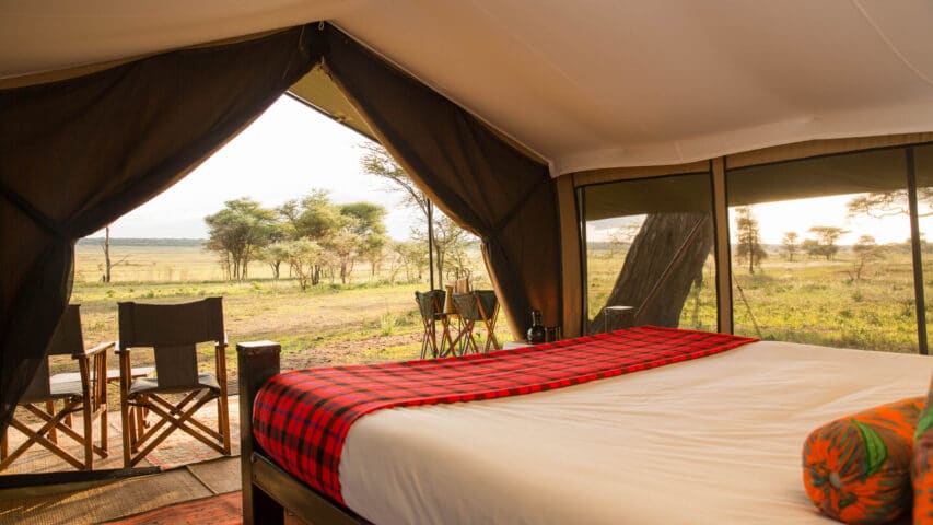 A bedroom in a tent in Tanzania.