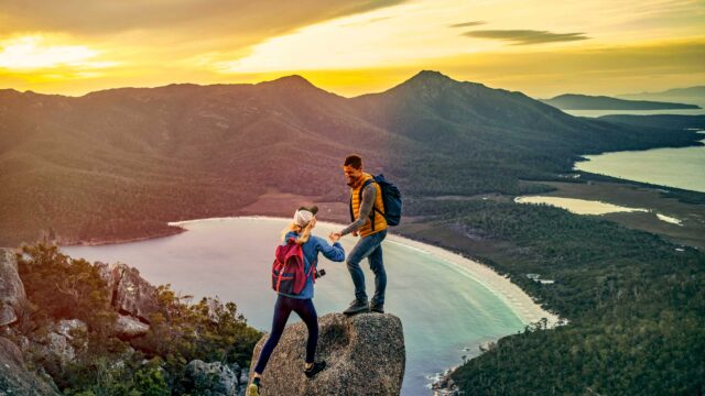 A couple hiking in Tasmania.