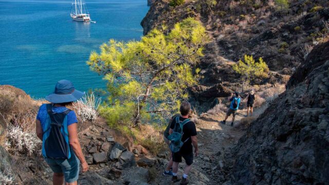 A group of travelers hiking in Turkey.