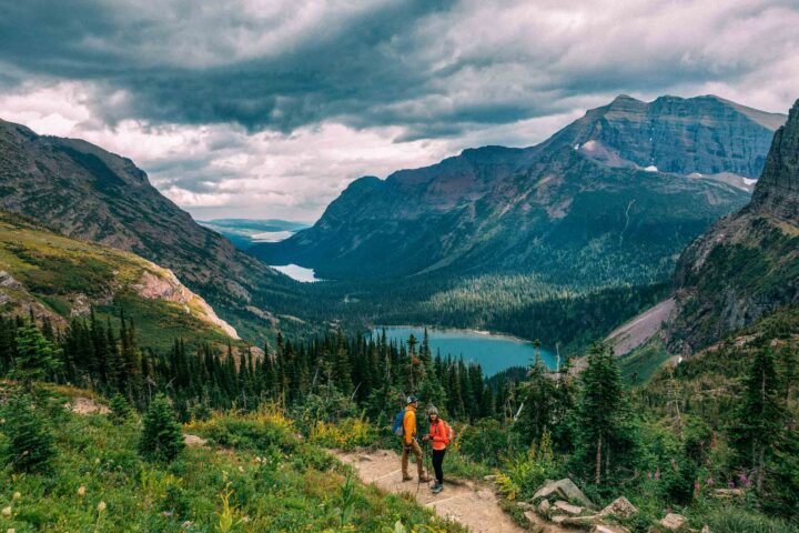 Hikers in a valley.